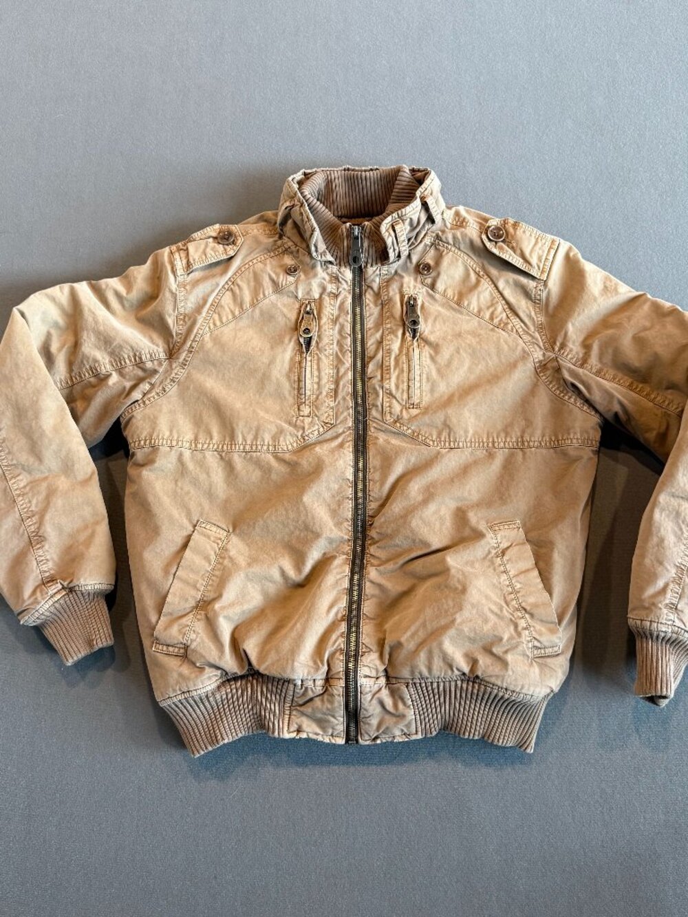 Vintage M.G.-STAR Tan Cotton Military Bomber Jacket Epaulets Quilted Lining Med